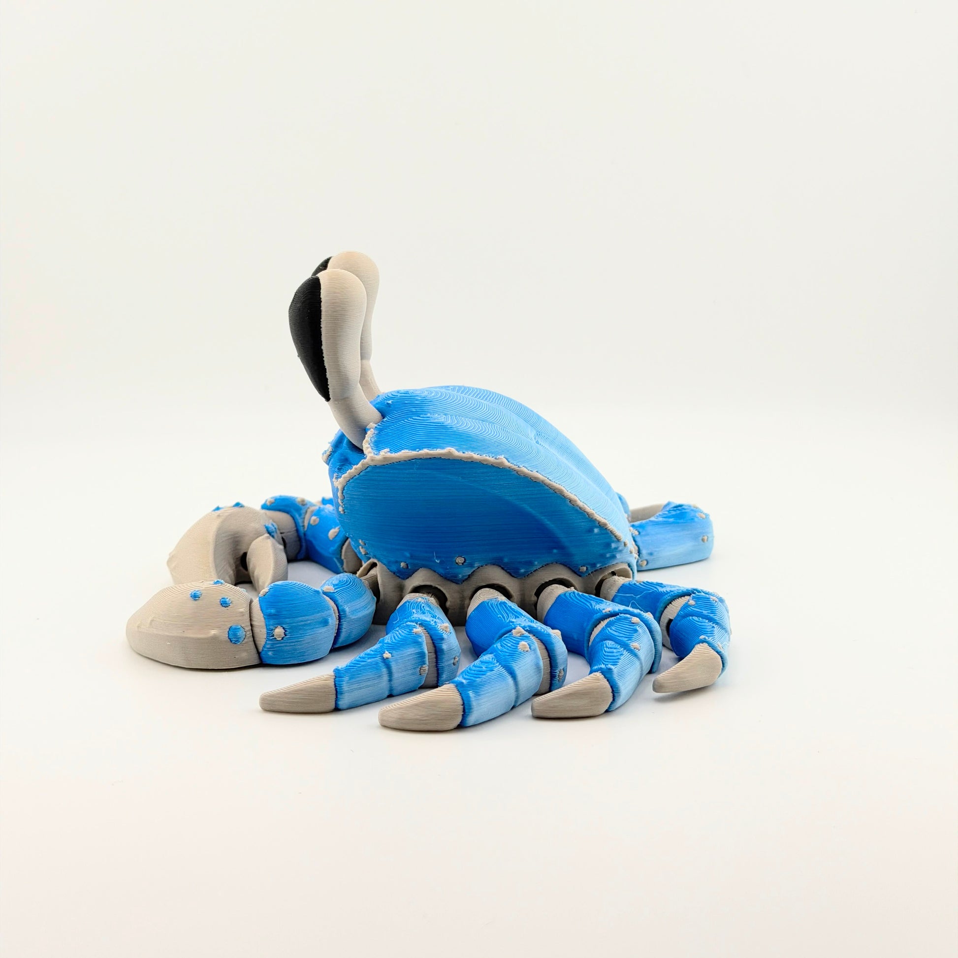 Side view of a blue articulated 3D printed ghost crab showing its articulated body.