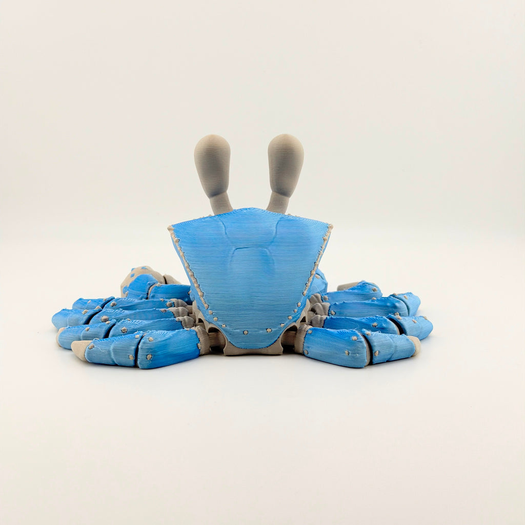 Rear view of a blue articulated 3D printed ghost crab on a white background.